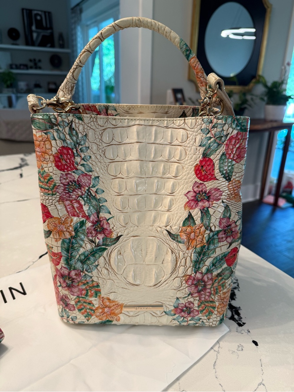 Brahmin Cream Floral Embossed Croc-Texture Satchel